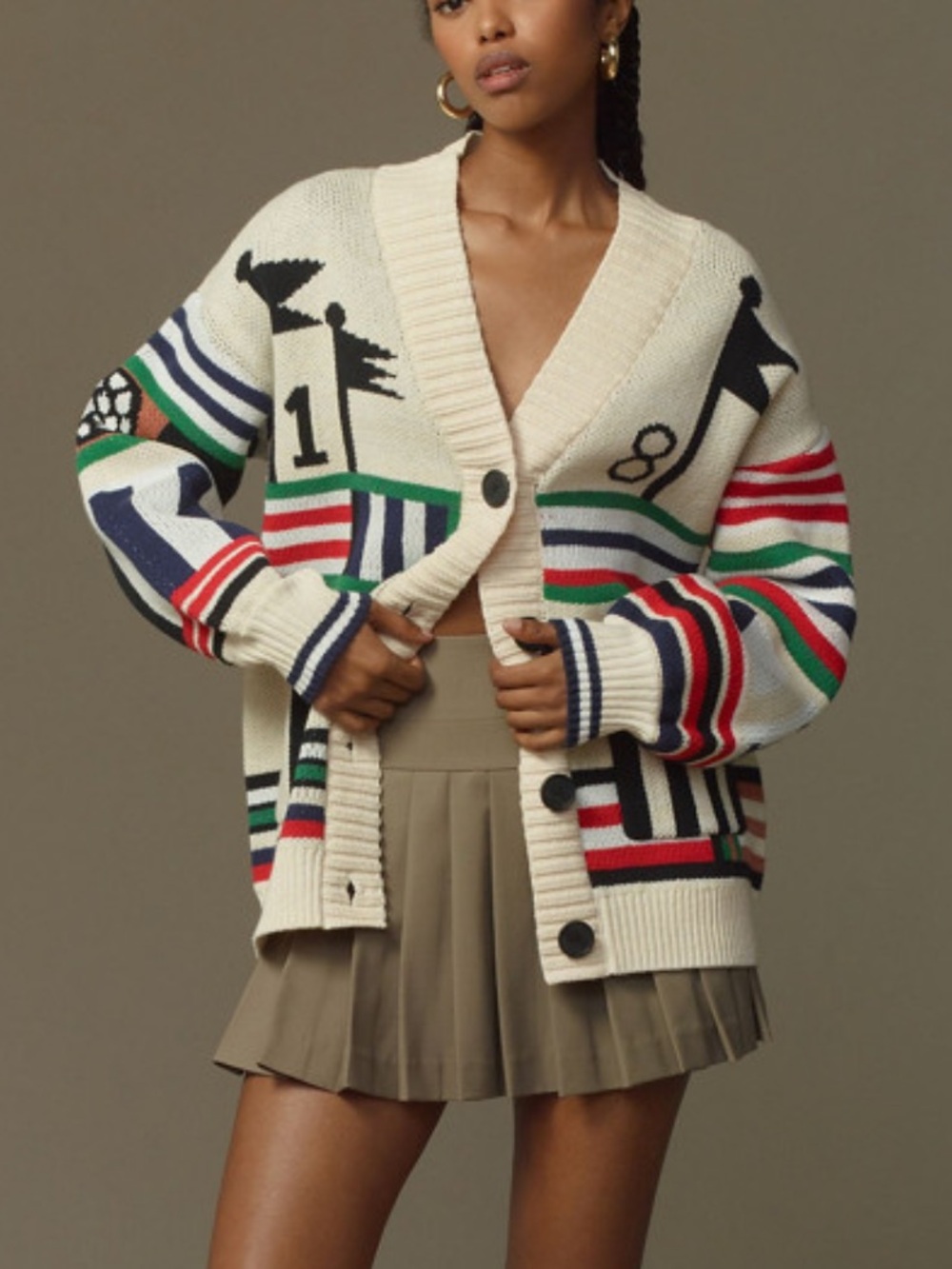 Maeve Cream Cardigan with Green, Red & Navy Stripes